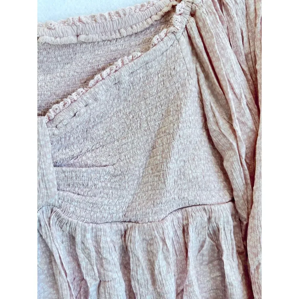 Free People Pink Smocked Peasant Top XL Puff Sleeve Crop Boho Cottagecore